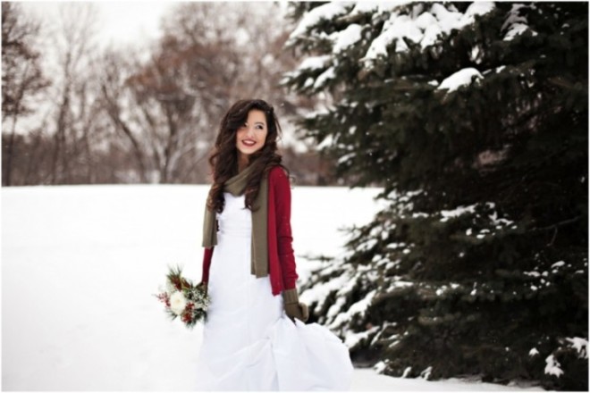 Red Cardigan in Snow | Wedding Inspiration